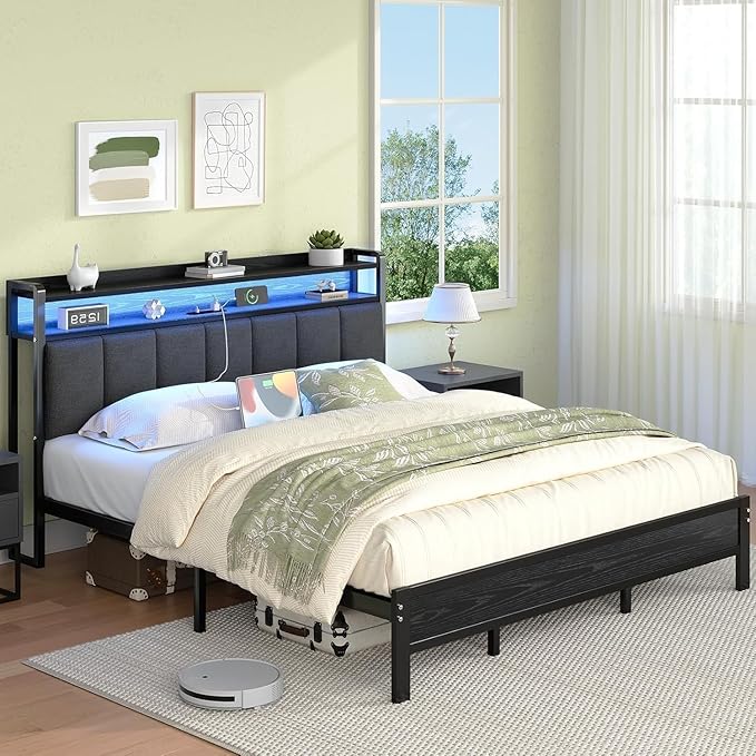 King Bed Frame with LED Lights and Charging Station, Metal Platform Bed Frame King with Upholstered Storage Headboard, Heavy Duty Metal Slats, No Box Spring Needed, Easy Assembly, Dark Grey