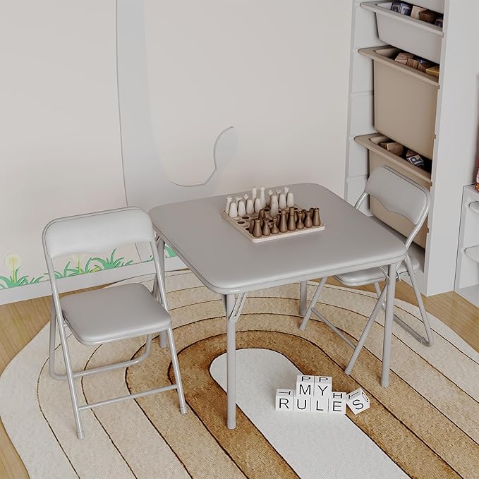 GarveeHome Boys and Girls Folding Table and Chair Set of 3, Featuring a Portable Table and Chairs with Soft Pu Cushions. No Assembly is Required, Perfect for Eating, Reading and Playing, Grey.