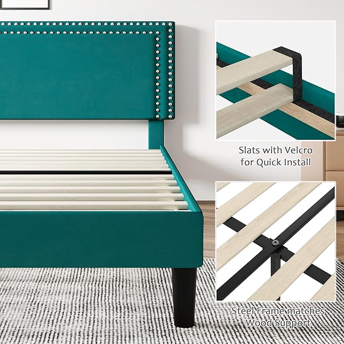 VECELO Bed Frame Queen Size with Adjustable Upholstered Headboard, Wooden Slats Platform, Noise-Free Design, Easy Assembly