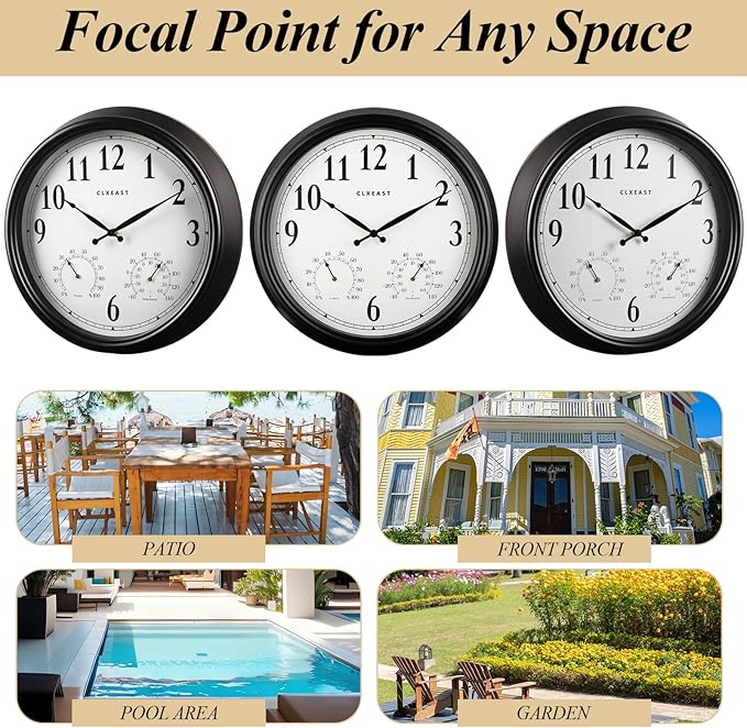 CLXEAST Indoor Outdoor Clocks Waterproof 16 Inch, Large Outdoor Clock with Temperature and Humidity for Patio,Porch,Pool,Oil Rubbed Bronze Black Finish,House Warming Gifts New Home