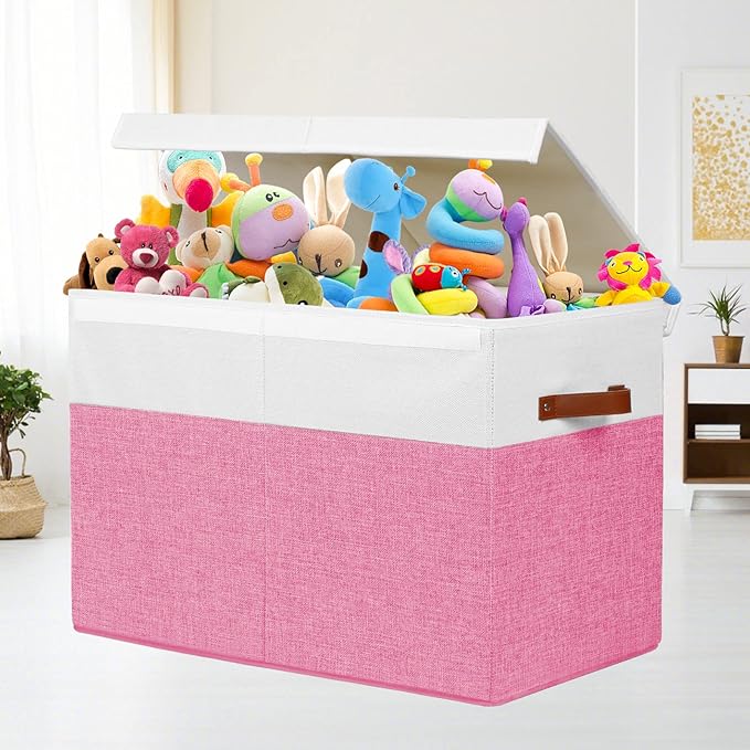 Large Toy Box with Lid, Sturdy Toy Storage Chest Bin Boxes Organizer Basket with Dividers for Toddlers, Kids, Boys, Girls, Nursery, Closet, Bedroom, Playroom 25"x13" x16" (Pink and White)