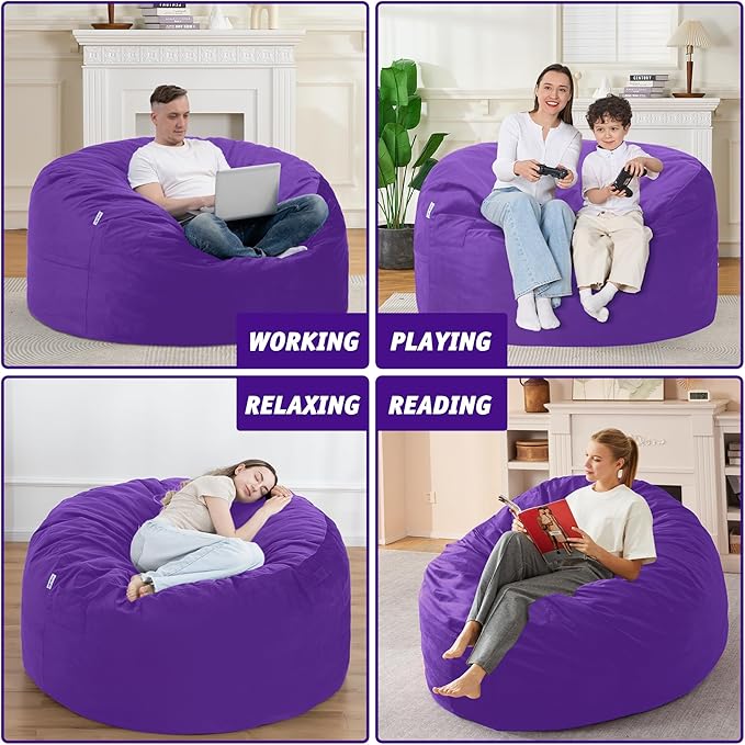 4FT Bean Bag Chair with Ultra Soft Velvet Cover Bean Bag Sofa with Memory Foam Bean Bag Chairs with Large Size Lazy Sofa for Dorm Office Living Room Bedroom Purple 4'
