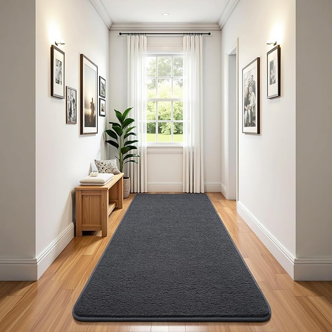 Soft 2x8 Runner Rugs for Bedroom Hallway, Non Slip Long Runners for Kitchen Laundry Dorm Washable, Modern Low Pile Area Rugs for Boys Men, Dark Grey