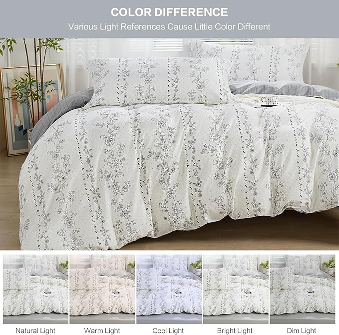 SAPHREAS Grey Floral Pattern Duvet Cover Set Twin Size 2pcs Bedding Comforter Cover Set 100% Cotton 1 Duvet Cover 68"x90" 1 Pillow Sham, Comforter Not Included