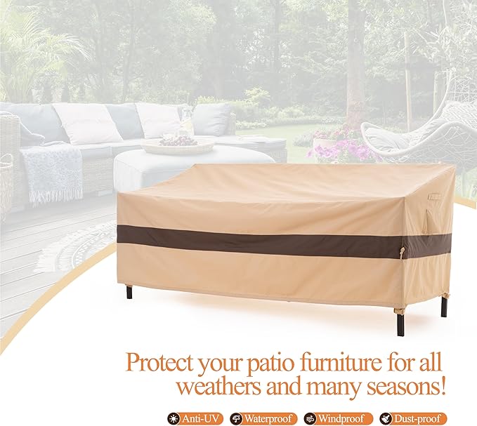 WJ-X3 Beige & Coffee Patio Sofa Cover, 87W x 42D x 35H Inches - Waterproof, UV-Resistant 3-Seater Outdoor Couch Cover - Heavy Duty, Anti-Fade & Wind Resistant