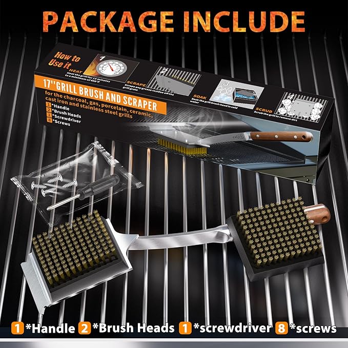 ENLOY Grill Brush and Scraper for Barbecue, 17" Grill Brush for Outdoor Grill, Extended Rosewood Handle and 2 Replaceable Copper Wire Brush Heads, Grill Cleaning Brush Grill Accessories for Most Grill