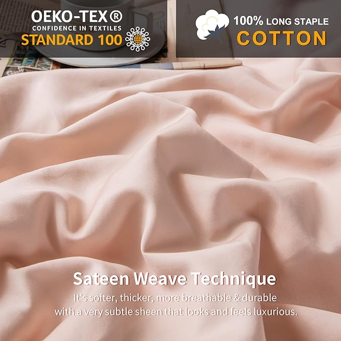 MILDLY King Duvet Cover Set Pink 100% Long-Staple Cotton Sateen Weave Luxury Soft Comforter Cover Set 3 Piece with Zipper Closure & Corner Tie (No Comforter)