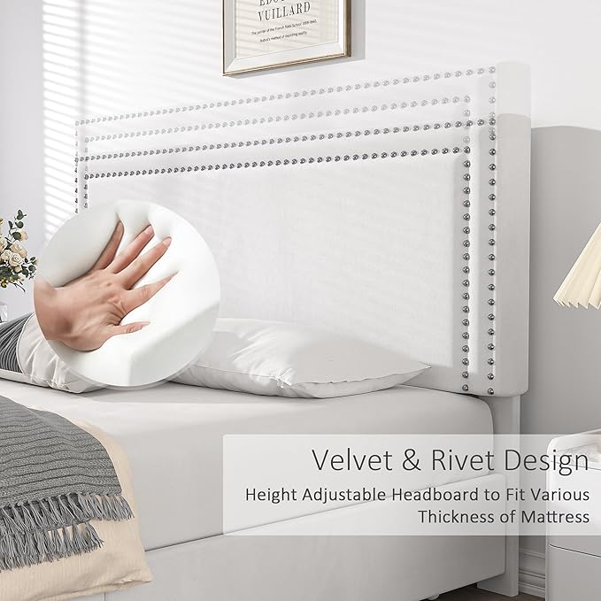 VECELO Full Size Upholstered Platform Bed Frame with 4 Storage Drawers, Adjustable Velvet Rivets Headboard, Wooden Slats Support, No Box Spring Needed, Easy Assembly