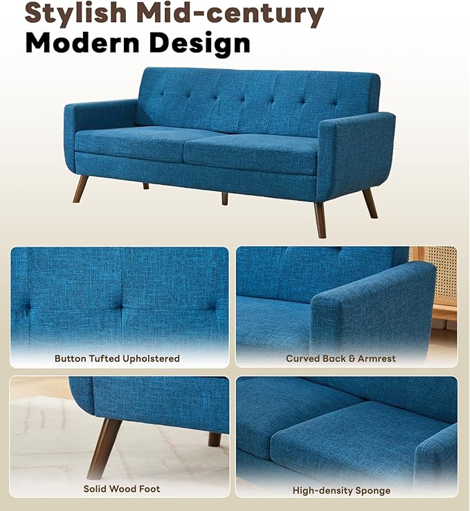 Tbfit 77.2" W Linen Sofa Couch, Mid Century Modern Decor Loveseat Couches for Living Room, Button Tufted Upholstered Small Couch for Bedroom, Solid, and Easy to Install Love Seats Furniture, Blue