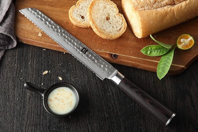XINZUO 67 Layers Damascus Bread Cutting Knife, 8 Inch Serrated Bread Knife for Homemade Bread Sourdough,Razor Sharp,Dark Brown Pakkawood Handle