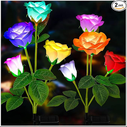 TONULAX Solar Garden Lights - Upgraded Outdoor Light, 7-Color Changing Rose Lights for Yard,Garden Decoration, Enlarged Solar Panel, More Realistic Rose Flower (2 Packs)