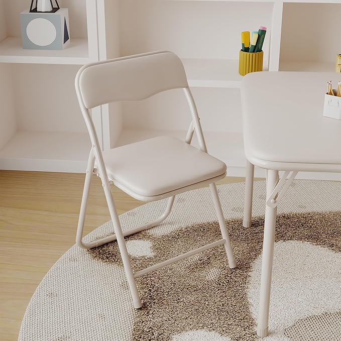 GarveeHome Boys and Girls Folding Table and Chair Set of 3, Featuring a Portable Table and Chairs with Soft Pu Cushions. No Assembly is Required, Perfect for Eating, Reading and Playing,Beige.