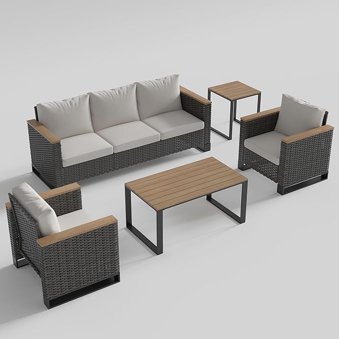 Ypati 5-Piece Handwoven Rattan Patio Modern Design Conversation Set, Aluminum Frame and Wooden-Style Armrest, for Porch, Balcony, Garden, 3-Seats Sofa, 2 Single Sofas with Tables, Black & Light Gray