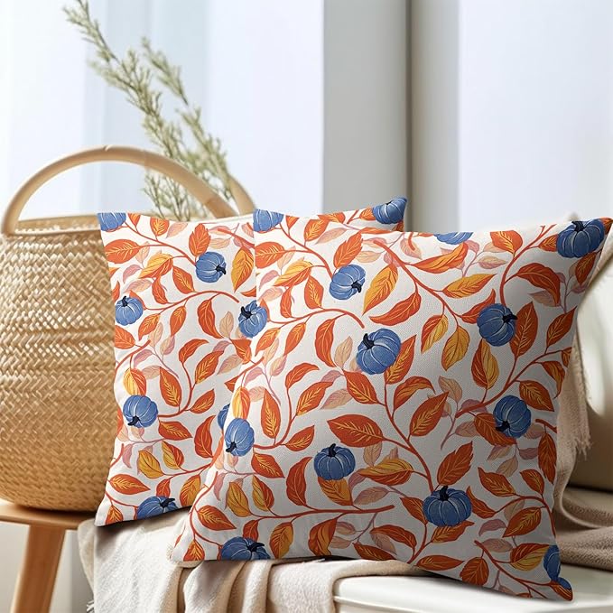 Kawani Fall Leaf Pumpkin Pillow Covers 24x24 Inch Seasonal Autumn Harvest Orange and Blue Outdoor Decorative Throw Pillows Set of 2 Thanksgiving Holiday Pillowcases for Couch Home Decor