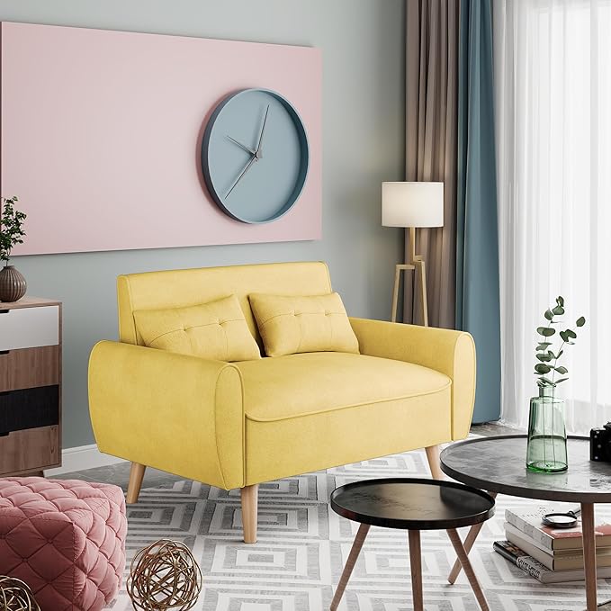 Vongrasig 47" Small Modern Loveseat Sofa, Mid Century Linen Fabric 2-Seat Sofa Couch Tufted Love Seat with Back Cushions and Tapered Legs for Living Room, Bedroom and Small Space (Yellow)