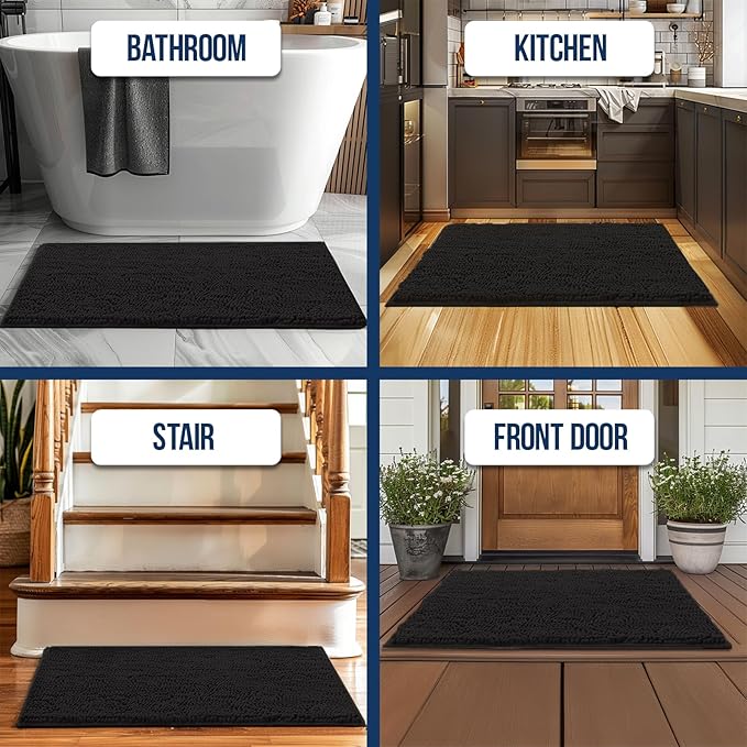 Muddy Mat Chenille Bathroom Rugs Quick Dry Microfiber Mats Non Slip Washable, Extra Thick, Soft and Highly Absorbent Bath Mats for Bathroom, Kitchen, and Shower Floor - Black Runner 59"X24"