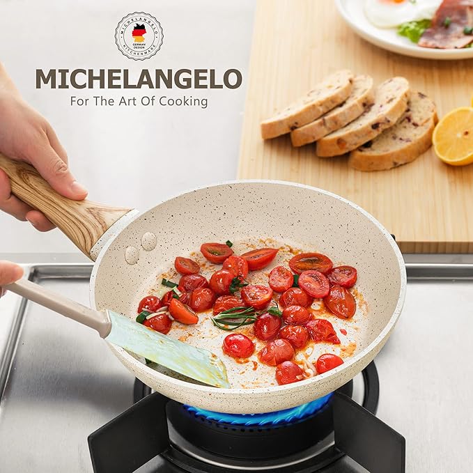 MICHELANGELO 10 Inch Nonstick Frying Pan with Lid, Non Stick Pan with Non-Toxic Coating, Granite Skillet with Anti-Scald Handle, Induction Compatible