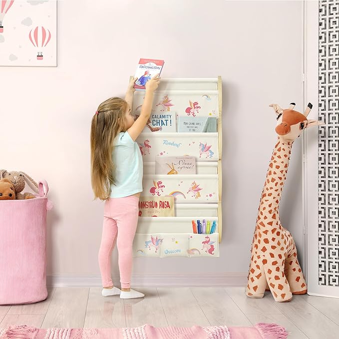 Wooden Wall Mounted Bookshelf for Kids Rooms, 4 Tier Floating Nursery Book Shelf, Kids Bookshelf with 2 Pockets, Toddler Sling Book Rack with Deep Sleeves (Unicorn)
