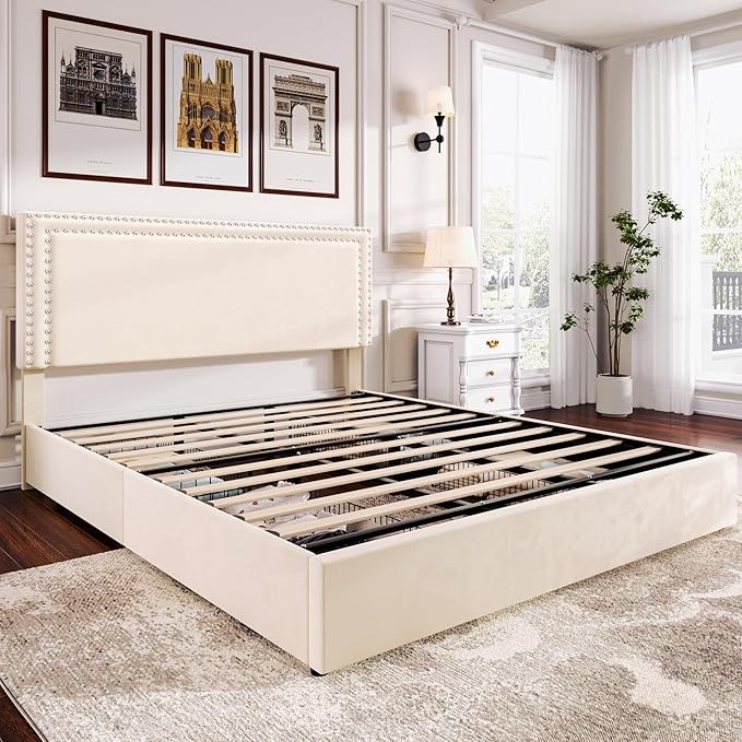 VECELO King Size Upholstered Platform Bed Frame with 4 Storage Drawers, Adjustable Velvet Rivet Decor Headboard, Wooden Slats Support, No Box Spring Needed, Easy Assembly