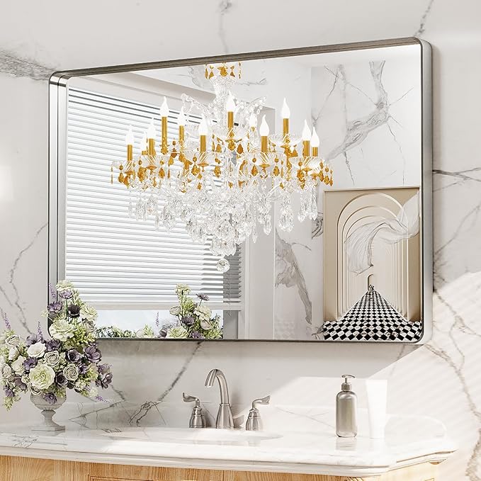 LOAAO 48X30 Inch Brushed Nickel Bathroom Mirror, Rounded Rectangle Silver Metal Frame Mirror, Brushed Nickel, Anti-Rust, Shatter Proof, Hangs Horizontally or Vertically