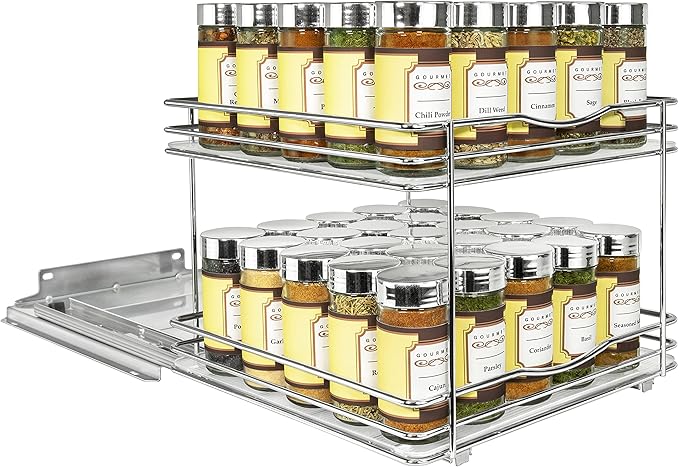 LYNK PROFESSIONAL® Pull Out Spice Rack Organizer for Inside Kitchen Cabinets - 10-1/4 inch Wide - Slide Out Drawer – Chrome Sliding Spice Cabinet Organization Shelf Racks - 2 Tier