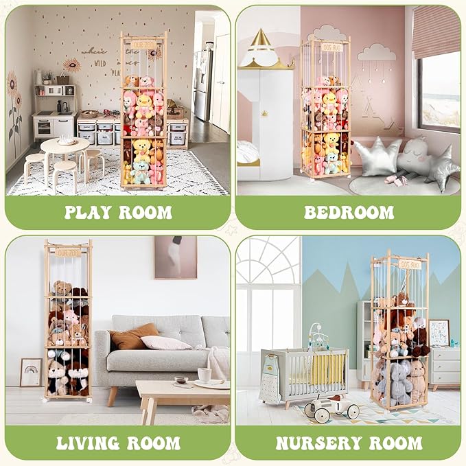 Stuffed Animal Storage & Organizer, Wooden Stuffed Animal Zoo, Large Toy Storage Organizer & Holder, Plush Toy Display Tower Shelf with Wheels for Toddler Rooms, Playrooms & Kids Bedrooms