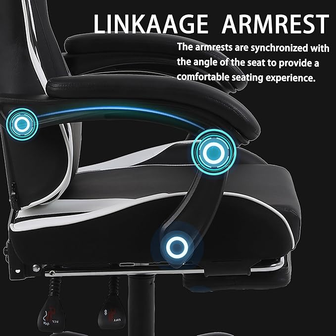 Gaming Chair,Big and Tall Massage Video Game Chairs,Lumbar Support Footrest Padded Armrest Adjustable Height Swivel,300lb Capacity, Comfy Racing Gaming Chairs for Adult Kids (White)