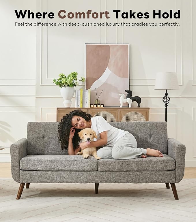 Tbfit 77.2" W Linen Sofa Couch, Mid Century Modern Decor Loveseat Couches for Living Room, Button Tufted Upholstered Small Couch for Bedroom, Solid, and Easy to Install Love Seats Furniture, Grey