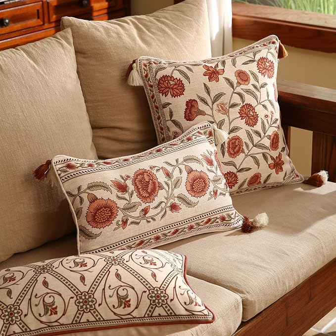 Design Linen Rectangle Vintage Throw Pillow Covers 12"x20" Pack of 2, Brick Red Cushion Covers with Orange Floral Green Leaves Pattern Decor Pillowcases for Bed,Living Room,Outdoor,Car
