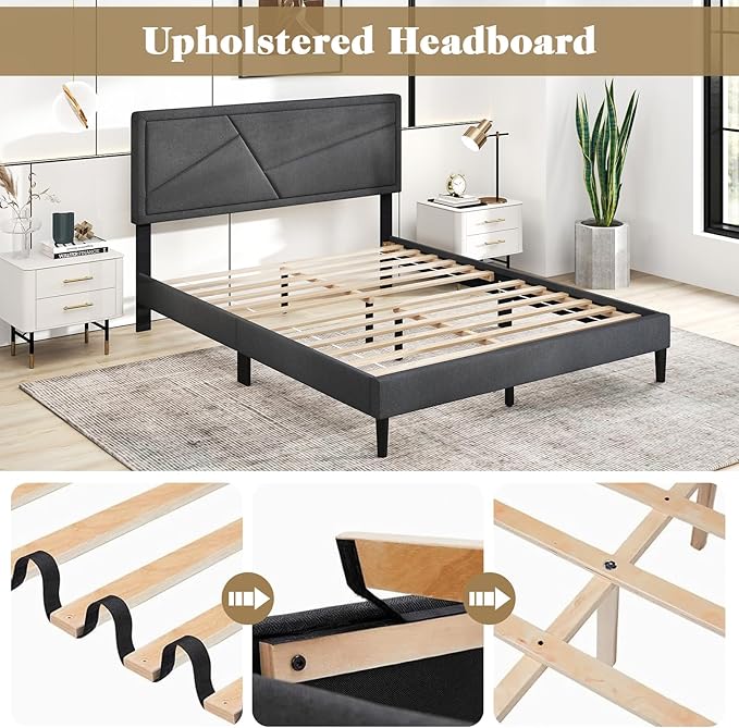 Giantex Queen Platform Bed Frame, Modern Upholstered Bed Frame with Geometric Tufting Headboard, Wooden Slats Support, No Box Spring Needed, Gray
