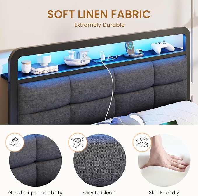 Hasuit Full Floating Bed Frame with Charging Station and LED Lights, Full Size Bed Frame with Wood Storage Headboard, Grey Upholstered Platform Bed, No Box Spring Needed, Noise Free, Easy Assembly