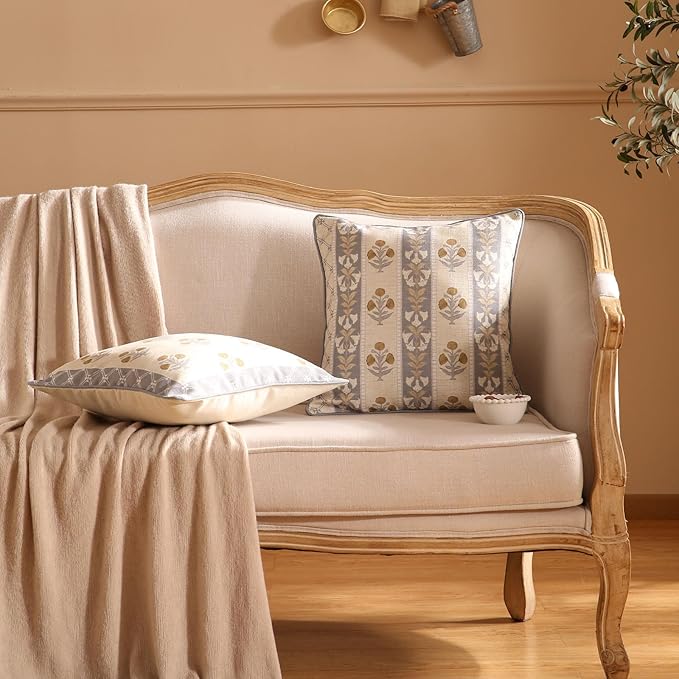 patdrea Designer Square Throw Pillow Covers Set of 2,Rustic Linen with Elegant Grey Blue Floral Pattern Pillows Cover,Decorative Pillowcases Cushion for Bed Living Room Outdoor Car,18 x18 Inches