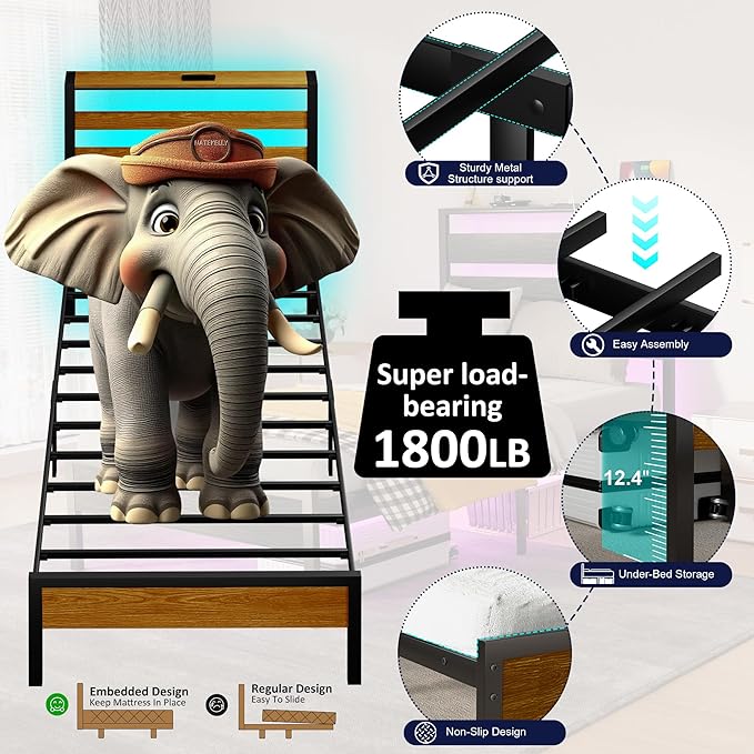 Twin Bed Frame with LED Lights & Charging Station, Metal Platform Bed with Headboard, Heavy Duty Metal Slats, No Box Spring Needed, Noise Free, Easy Assembly, Brown