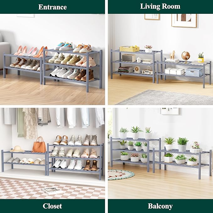 Smiry Bamboo Shoe Rack for Closet, 6 Tier Wooden Stackable Shoe Organizer, Free Standing Shoes Storage Shelf for Entryway, Front Door Entrance, Grey