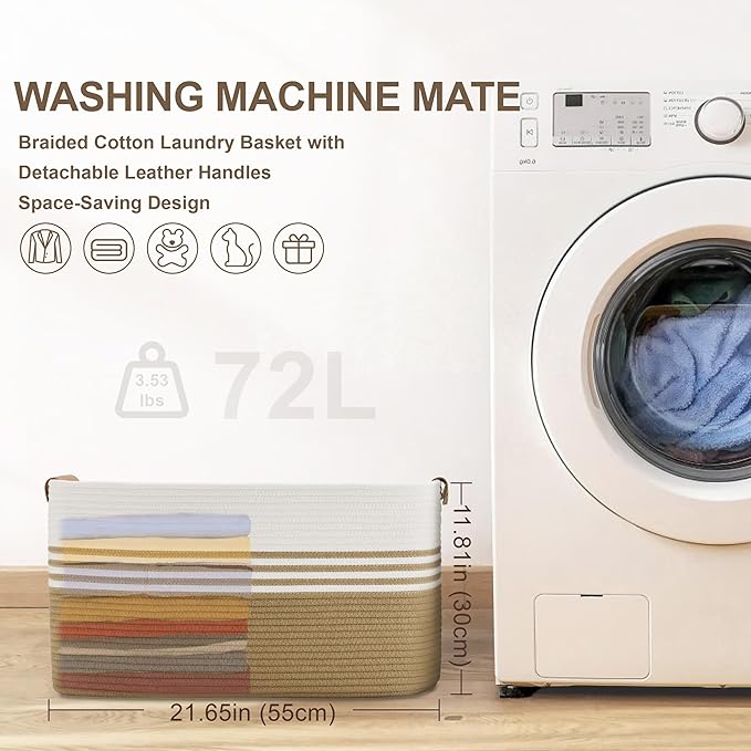 Laundry basket with leather handles for clothes,blankets,pillows,toys,towels,suitable for bedrooms and living rooms,cotton woven laundry hamper,extra large gift basket,22"x17"x12",Khaki