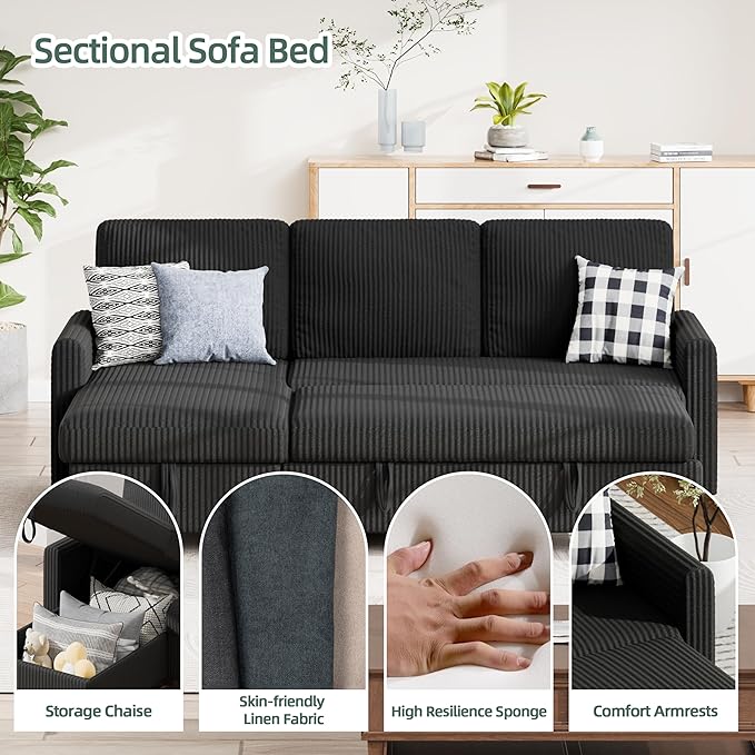 Sofa Bed Sleeper Pull Out 2 in 1 Sectional Sleeper Sofa Couches with Storage, Pullout Sectional Couches for Apartment Living Room,Black