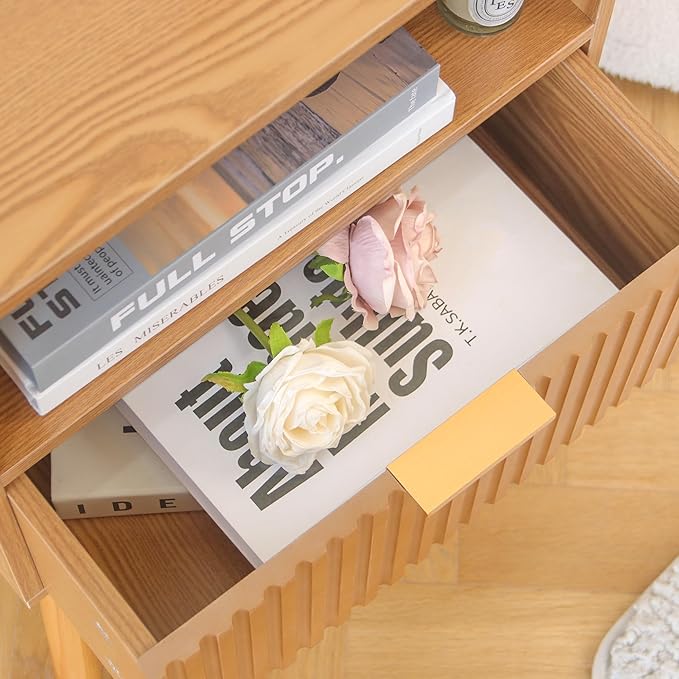 AWASEN Fluted Nightstand, Mid Century Modern Bedside Table with Storage Drawers, Wood Night Stand Bed Side Table with Solid Wood for Living Room, Bedroom, Office and Small Space (Brown)