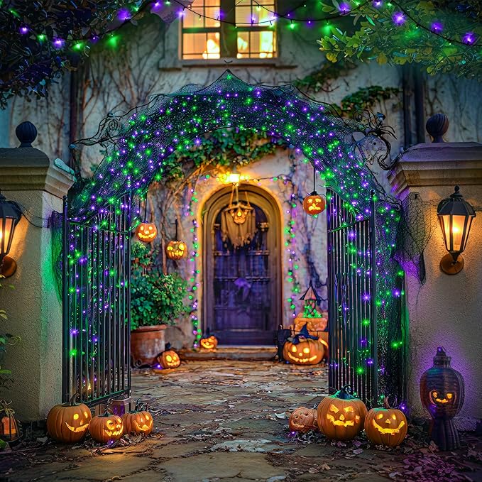 JMEXSUSS Purple and Green Halloween Lights, 132ft 400 LED Halloween Lights Plug in, String Light Indoor Outdoor for Yard Tree Porch Decor