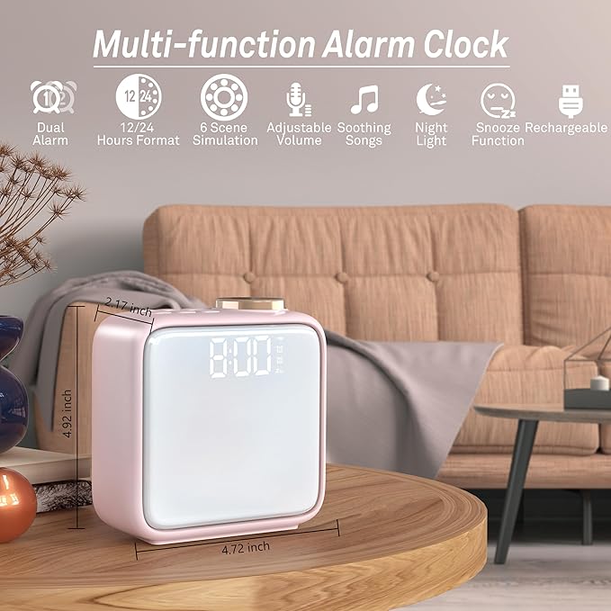 AIRIVO Alarm Clock Night Lights, Rechargeable Alarm Clock for Bedrooms, 6 Scenes & White Noise Sync, Dual Alarms & Snooze, for Heavy Sleepers, Gifts for Kids Teens (Pink)