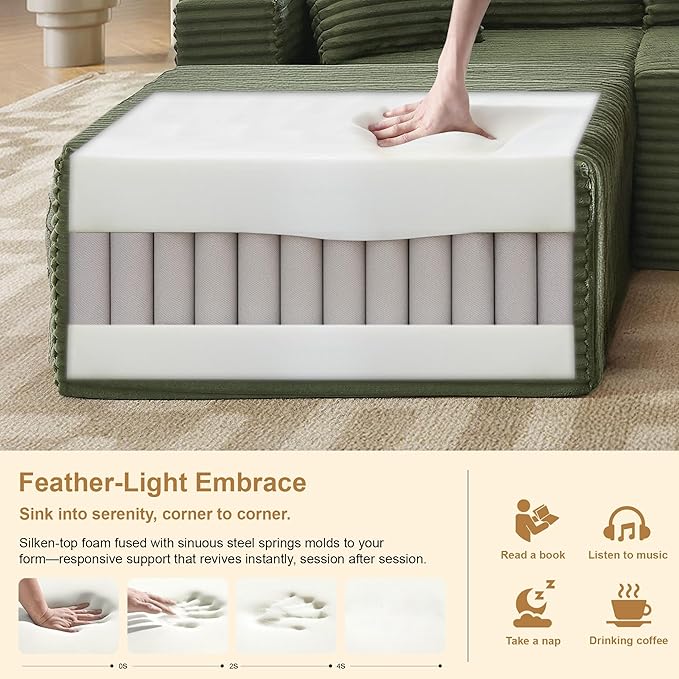 105''Sectional Cloud Couch with L Shaped Chaise,Modern Modular Sectional Sofa,Comfy Sectional Couches for Living Room,Bedroom,Apartment (Green, Left Facing Chaise)