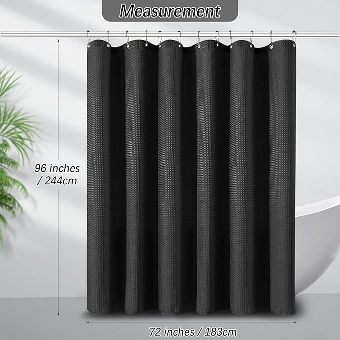 Extra Long Shower Curtains 96 inch Black Waffle, Heavy Duty 256GSM Modern Shower Curtain for Bathroom, Machine Washable,Water Resistant with 12 Metal Hooks, 72Wx96H