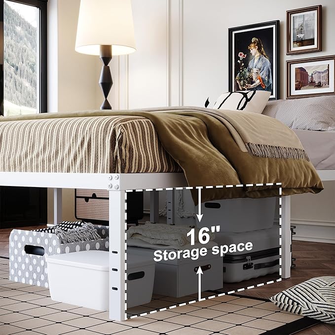 18 Inch Twin XL Bed Frame Heavy Duty No Box Spring Needed Metal Platform with Maximum Storage, Easy to Assembly, Noise Free, White