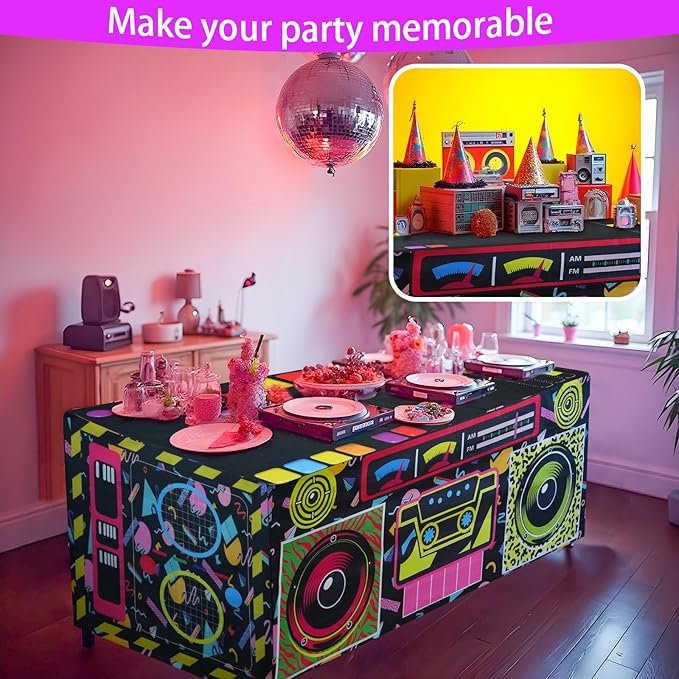 4FT 80s 90s Theme Party Tablecloth, 80s 90s Decorations for Back to 80s 90s Hip Hop Birthday Party