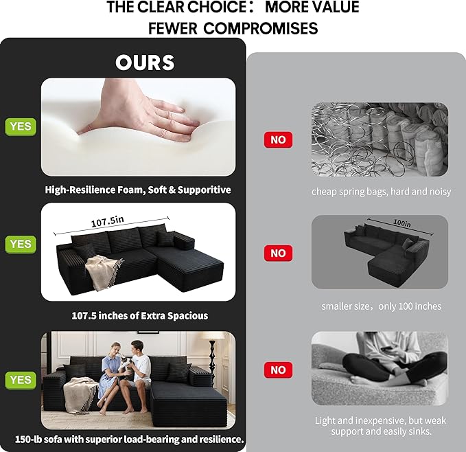 107.5" Cloud Sectional Couch with L-Shape Chaise,Modern Modular Sofa with Deep Seat, Upholstered Couches for Living Room Bedroom Apartments,No Assembly Required, (Black,Right Facing Chaise)
