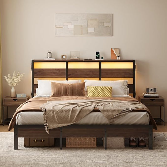 Bestier Queen Bed Frame with Storage Headboard and Charging Station, Walnut Platform Bed Frame with LED Light, Non-Slip Metal Bed Frame, Noise-Free, Easy Assembly,Walnut