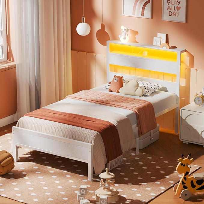 Furnulem Twin Bed Frames with Charging Station and LED Lights, Twin Size Platform Bed with Metal Slats, Wood Headboard with 2-Tier Storage Shelves, No Box Spring Needed, White
