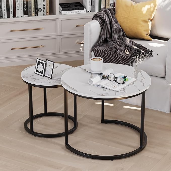 Smuxee White Nesting Coffee Table Set of 2, 23.6" Round Coffee Table Wood Grain Top with Adjustable Non-Slip Feet, Industrial End Table Side Tables for Living Room Bedroom Balcony Yard