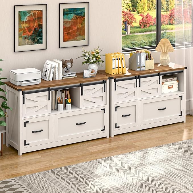 Lateral File Cabinets 2 Drawer with Sliding Barn Doors, Farmhouse Filing Cabinet with 2 Drawer for Home Officeļ¼Filing Organization Storage Cabinets for Hanging Files Letter/Legal/F4/A4.(Brown.)