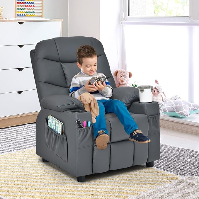 GLACER Kids Recliner Chair w/Cup Holder & Side Pockets, Children Recliner w/Comfortable Backrest, Armrests & Footrest, Toddler PU Leather Recliner for Boys Girls, 3+ Age Group (Grey)