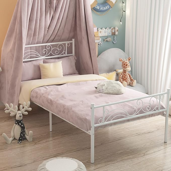 Weehom Twin Size Platform Bed Frame with Flower Design,Strong Metal Slats Support,Easy Assembly no Box Spring Needed White
